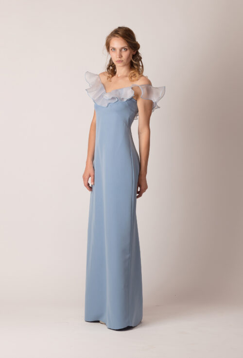 Rochie de seară lungă, dreaptă, cu volan pe umeri de culoare albastră fumurie